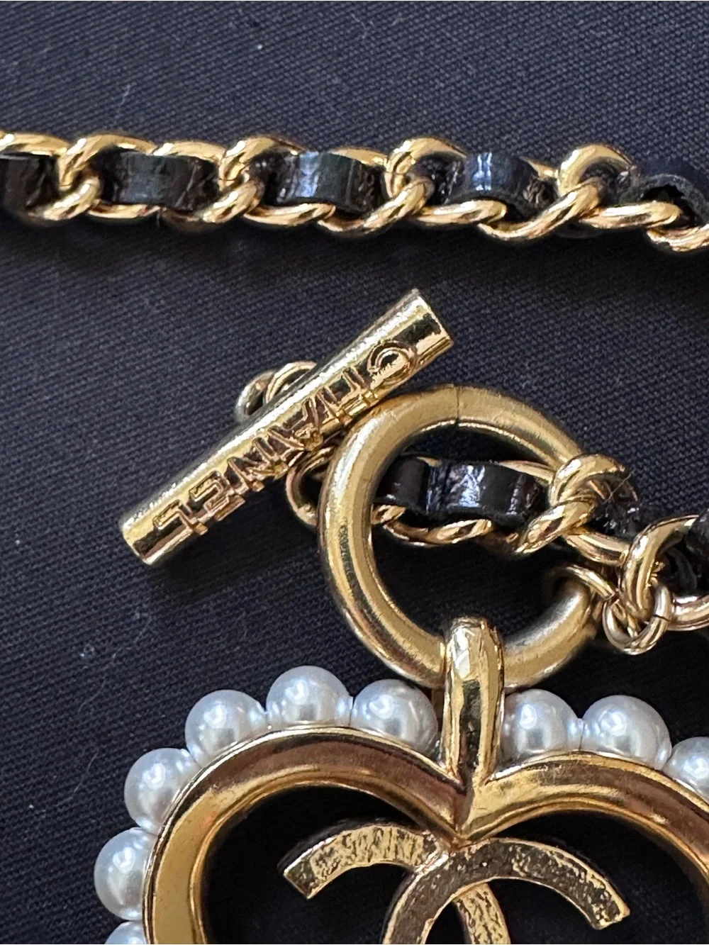 CHANEL Gold and Black Heart CC Pendant Necklace with Pearls